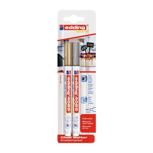 Marker Edding 4085, cu creta lichida, varf rotund 1-2 mm, auriu/argintiu 2 bucati/blister