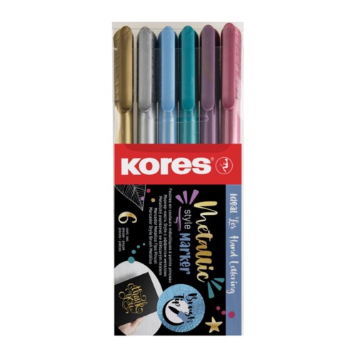 Set 6 markere permanente metalice Kores, varf tip pensula, in blister