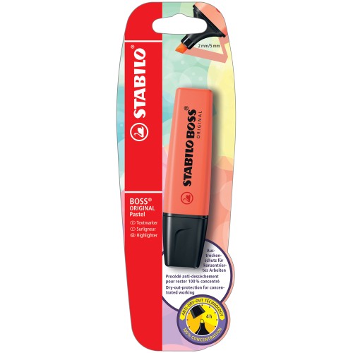 Textmarker Stabilo Boss Original, corp plastic in culoarea cernelei, varf retezat, 2-5 mm, rosu coral, blister