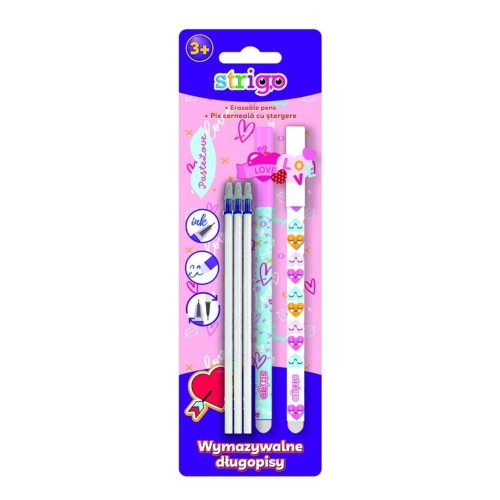 Set 2 Pixuri cerneala cu stergere + 3 Rezerve Strigo albastru, LOVE