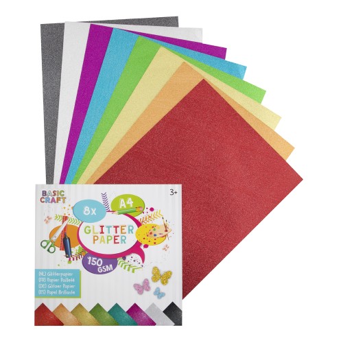 Set 8 coli carton glitter Basic Craft, 170g, diverse culori